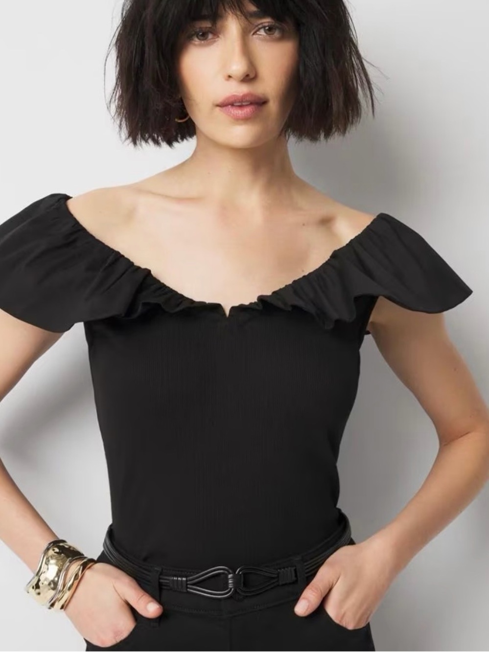 White House Black Market Black Ruffle Poplin Knit Top